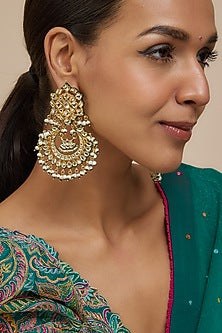 Gold Finish Kundan Polki Drop Meenakari Chandbali Earrings