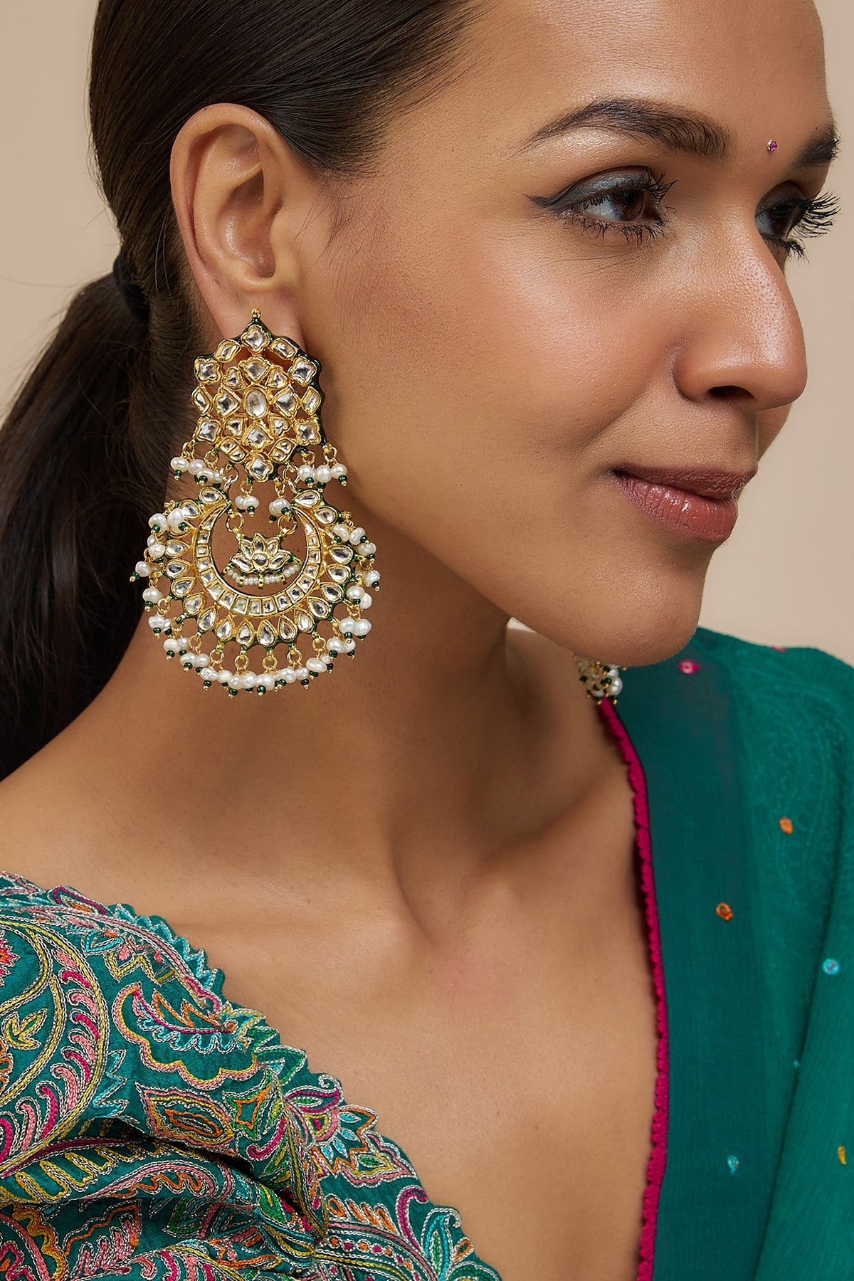 Gold Finish Kundan Polki Drop Meenakari Chandbali Earrings