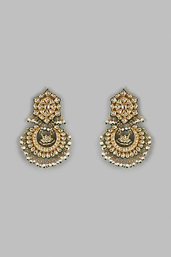 Gold Finish Kundan Polki Drop Meenakari Chandbali Earrings