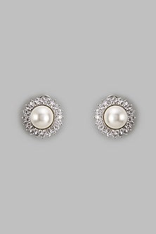 White Finish Zircon & Pearl Stud Earrings