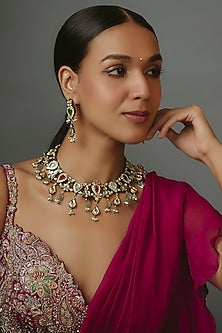 Gold Finish Kundan Polki & Synthetic Stone Necklace Set