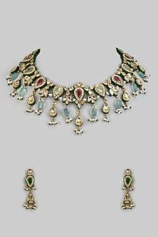 Gold Finish Kundan Polki & Synthetic Stone Necklace Set