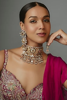 Gold Finish Kundan Polki Meenakari Choker Necklace Set