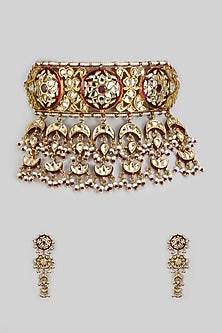 Gold Finish Kundan Polki Meenakari Choker Necklace Set