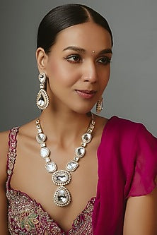 Gold Finish Kundan Polki & Zircon Long Necklace Set