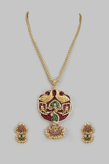 Gold Finish Zircon & Pearl Beaded Enameled Necklace Set