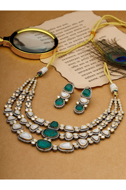 Gold Finish Kundan Polki & Green Stone Layered Necklace Set