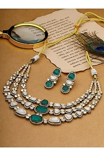 Gold Finish Kundan Polki & Green Stone Layered Necklace Set