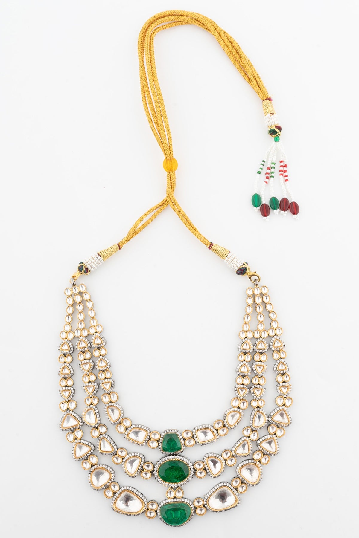 Gold Finish Kundan Polki & Green Stone Layered Necklace Set