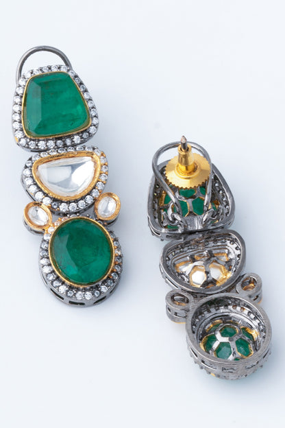 Gold Finish Kundan Polki & Green Stone Layered Necklace Set