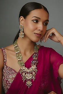Gold Finish Kundan Polki & Green Stone Beaded Long Necklace Set