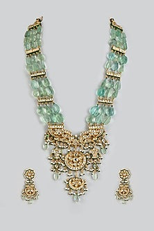 Gold Finish Kundan Polki & Green Stone Beaded Long Necklace Set