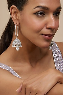 White Finish Zircon & Pearl Jhumka Earrings