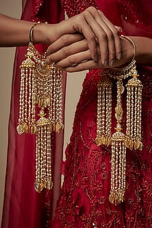 Gold Finish Pearl & Hanging Charm Tying Kaleeras (Set Of 2)