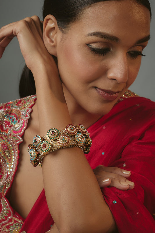 Gold Finish Multi-Colored Onyx Stone Bangles (Set Of 2)