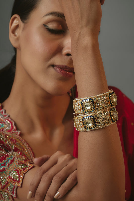 Gold Finish Kundan Polki Enameled Bangles (Set Of 2)
