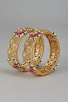 Gold Finish Onyx Stone Bangles (Set Of 2)