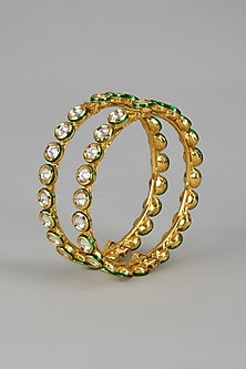 Gold Finish Kundan Polki Meenakari Bangles (Set Of 2)