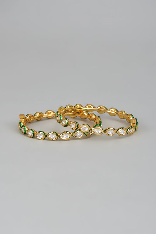 Gold Finish Kundan Polki Meenakari Bangles (Set Of 2)