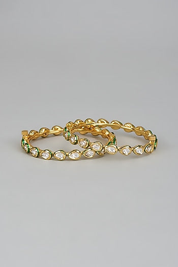 Gold Finish Kundan Polki Meenakari Bangles (Set Of 2)