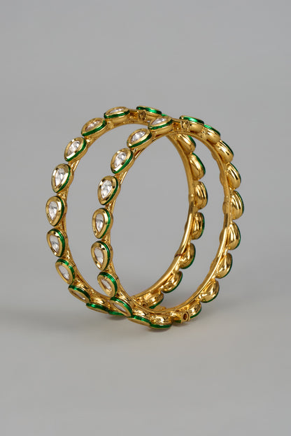 Gold Finish Kundan Polki Meenakari Bangles (Set Of 2)