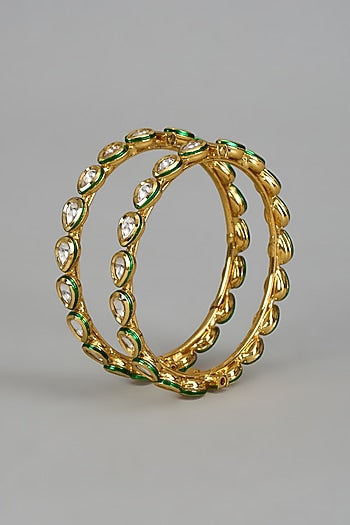 Gold Finish Kundan Polki Meenakari Bangles (Set Of 2)