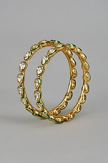Gold Finish Kundan Polki Meenakari Bangles (Set Of 2)