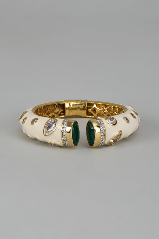 Gold Finish Emerald Synthetic Stone Enameled Bangle