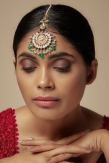 Gold Finish Kundan Polki & Green Beaded Maangtikka
