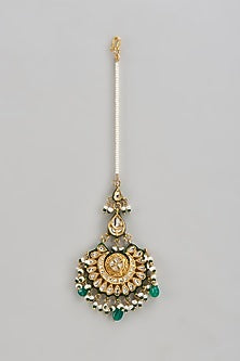 Gold Finish Kundan Polki & Green Beaded Maangtikka