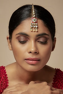 Gold Finish Kundan Polki Red Enameled Maangtikka