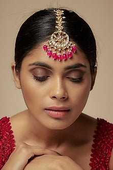Gold Finish Kundan Polki & Pink Beaded Maangtikka
