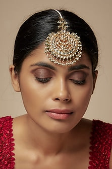 Gold Finish Kundan Polki Green Enameled Maangtikka