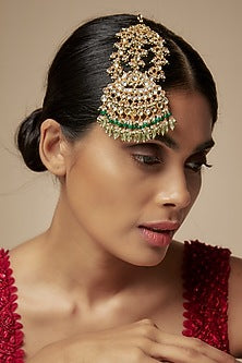 Gold Finish Kundan Polki & Green Beaded Pasa