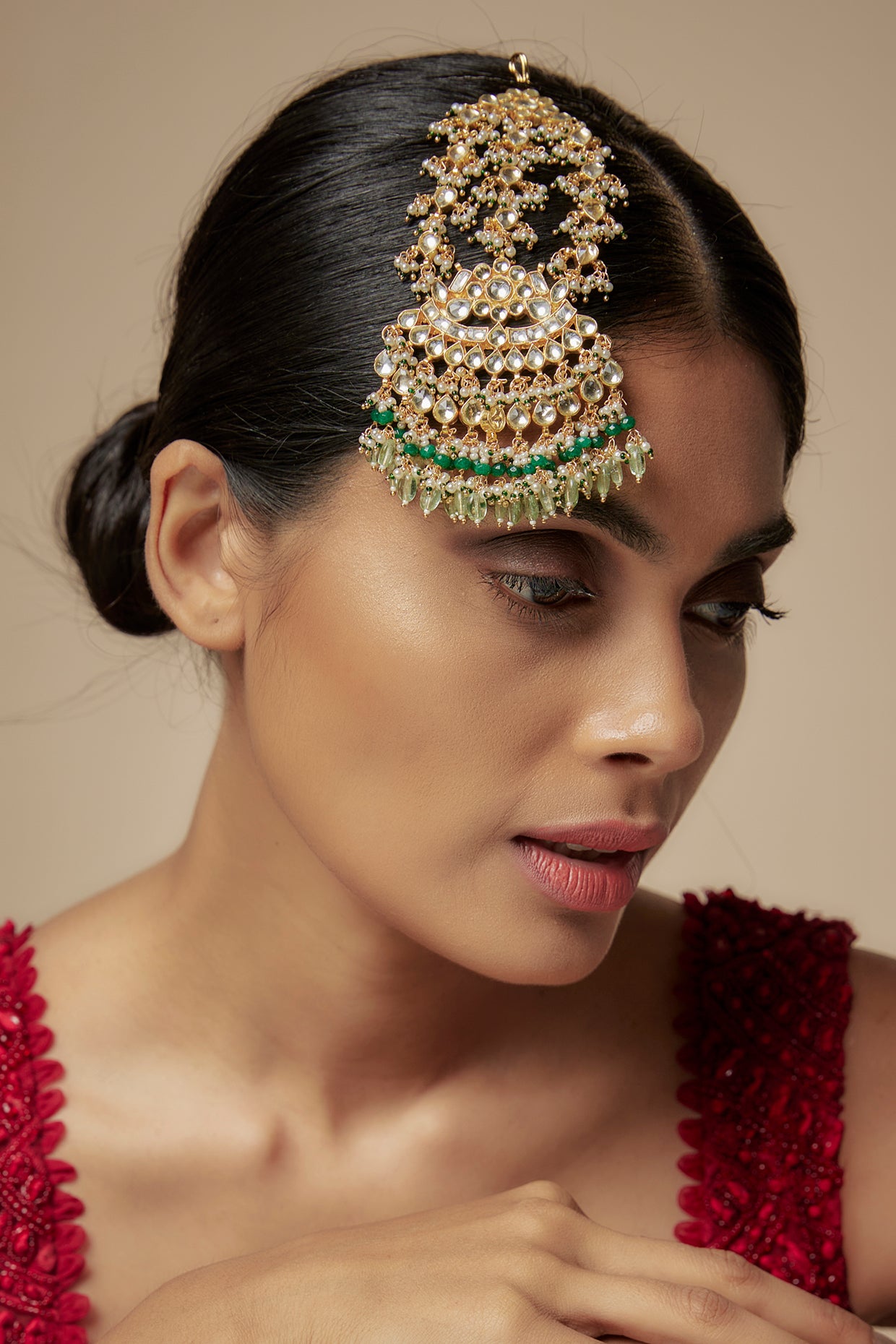 Gold Finish Kundan Polki & Green Beaded Pasa