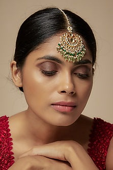 Gold Finish Kundan Polki & Green Beaded Maangtikka