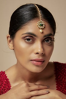 Gold Finish Kundan Polki & Pearl Enameled Maangtikka