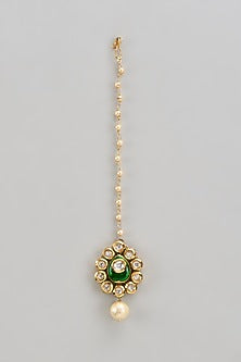 Gold Finish Kundan Polki & Pearl Enameled Maangtikka