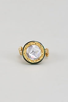 Gold Finish Kundan Polki Green Enameled Ring