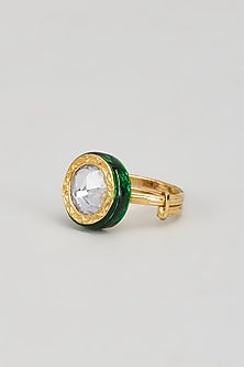 Gold Finish Kundan Polki Green Enameled Ring
