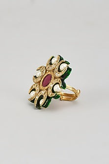 Gold Finish Kundan Polki & Pink Onyx Ring