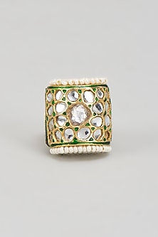 Gold Finish Kundan Polki & White Beaded Enameled Ring