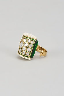 Gold Finish Kundan Polki & White Beaded Enameled Ring
