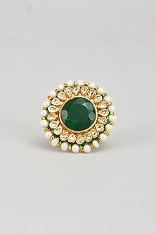 Gold Finish Kundan Polki & Green Onyx Beaded Ring