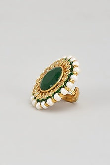 Gold Finish Kundan Polki & Green Onyx Beaded Ring