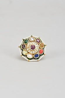 Gold Finish Kundan Polki & Navratna Stone Ring