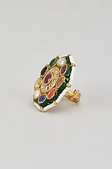 Gold Finish Kundan Polki & Navratna Stone Ring