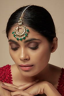 Gold Finish Kundan Polki & Green Beaded Maangtikka