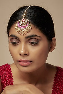 Gold Finish Kundan Polki & Pink Stone Maangtikka
