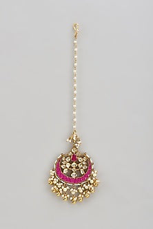 Gold Finish Kundan Polki & Pink Stone Maangtikka